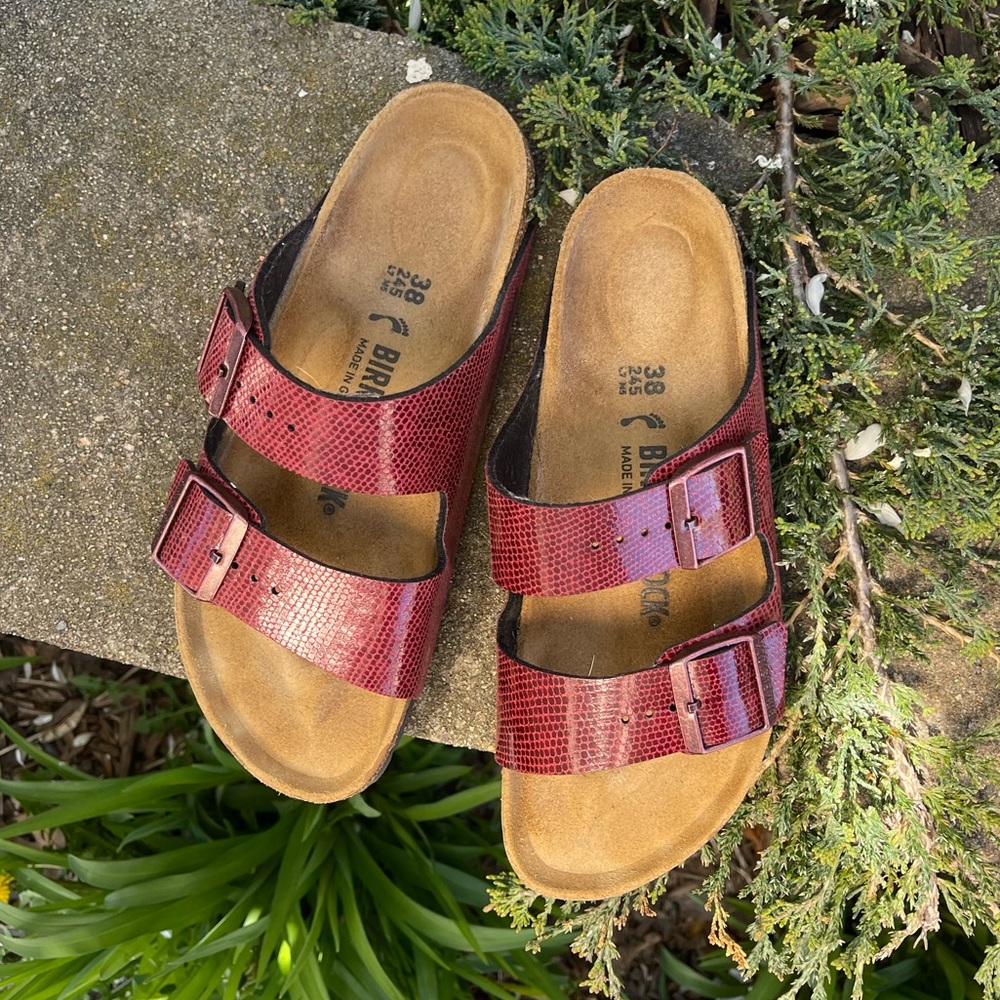 Birkenstock red print Arizona sandal